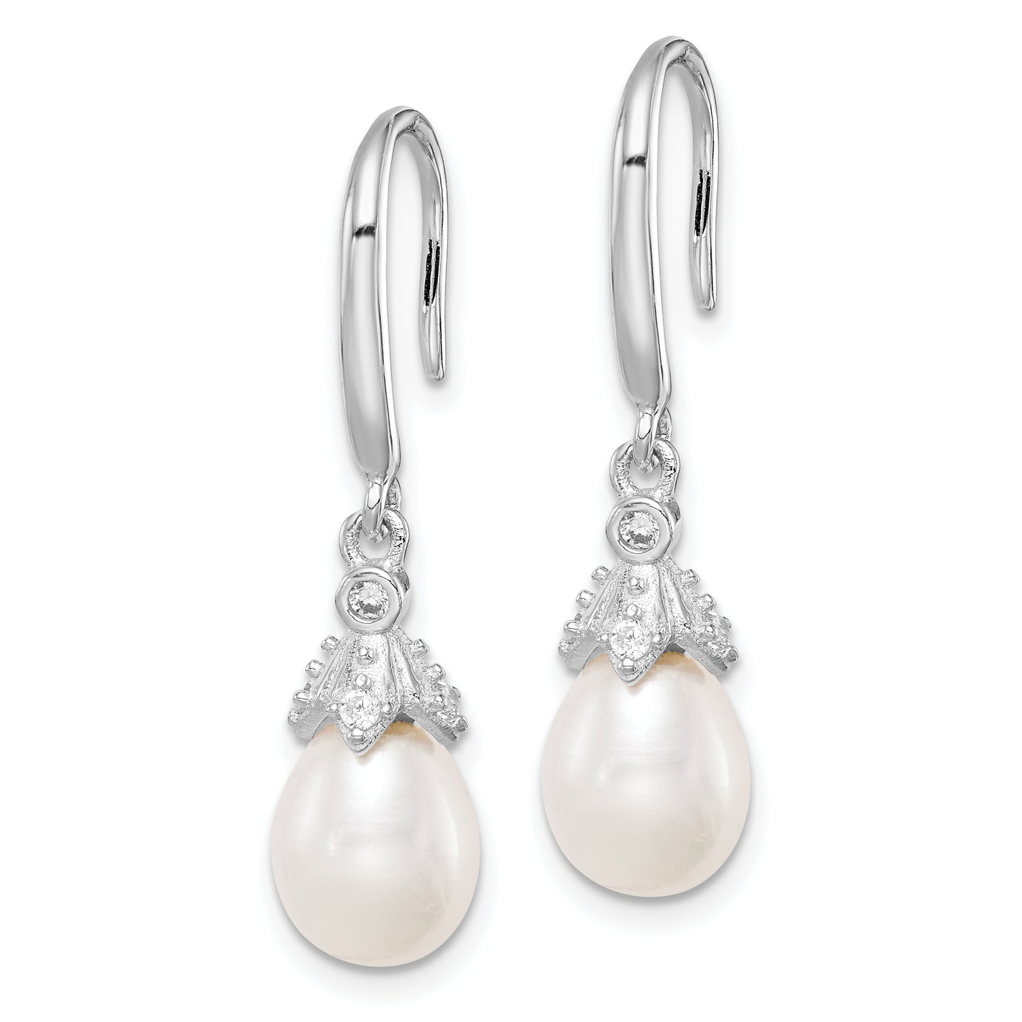 Sterling Silver Rhodium-Plated Polished White 7-8mm Freshwater Cultured Pearl & Cz Dangle Earrings