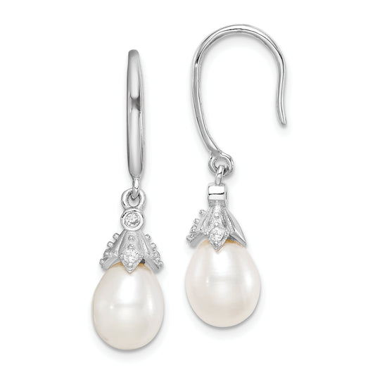 Sterling Silver Rhodium-Plated Polished White 7-8mm Freshwater Cultured Pearl & Cz Dangle Earrings