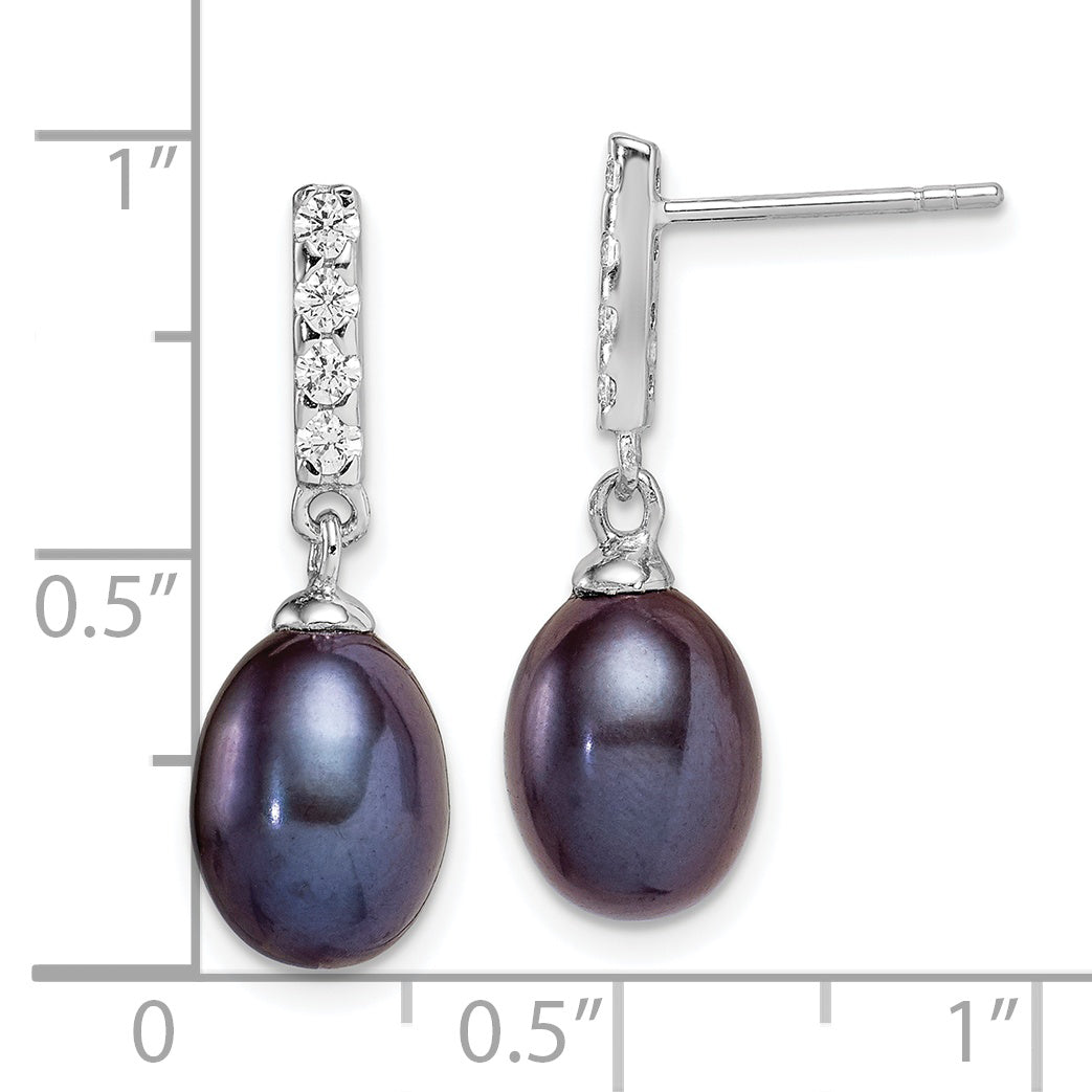 Sterling Silver Rhodium-Plated Polished 8-9mm Black Freshwater Cultured Pearl & Cz Post Dangle Earrings