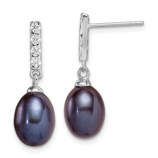 Sterling Silver Rhodium-Plated Polished 8-9mm Black Freshwater Cultured Pearl & Cz Post Dangle Earrings