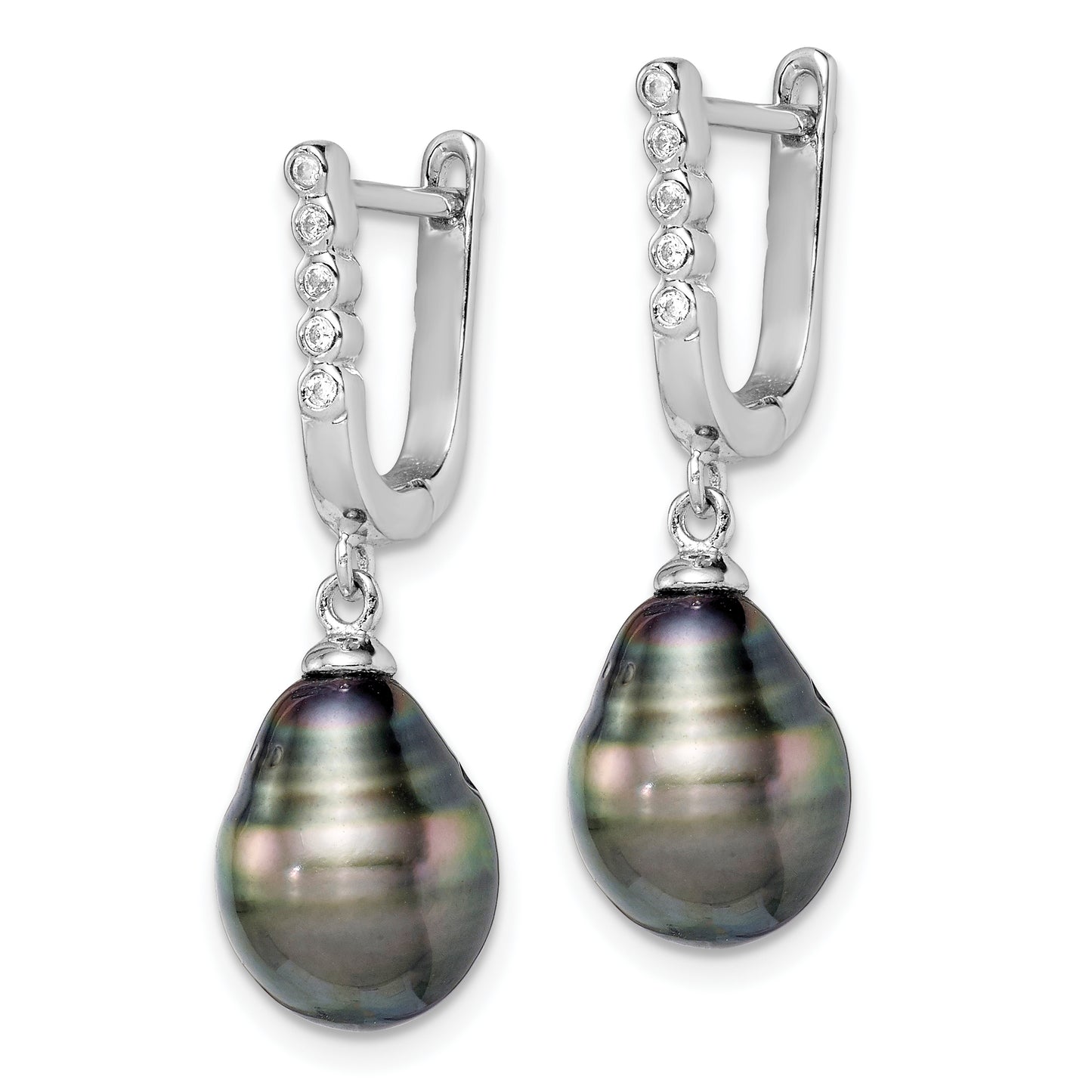 Sterling Silver Rhodium-Plated Polished 9-10mm Tahitian Pearl & Cz Dangle Earrings