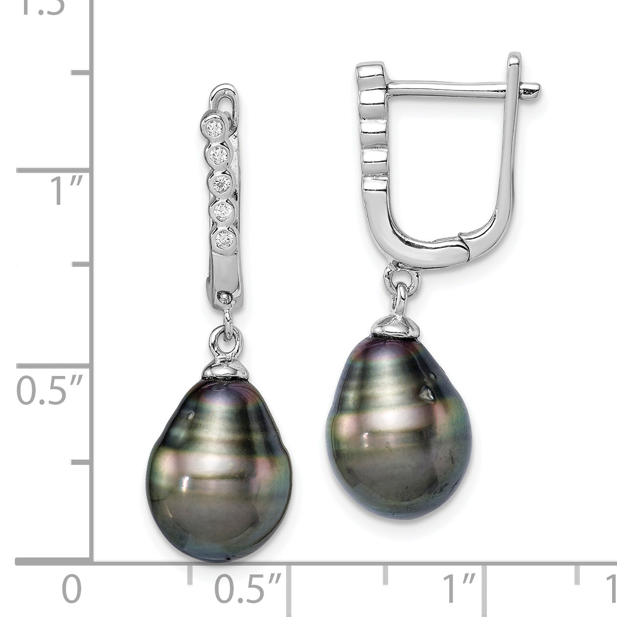 Sterling Silver Rhodium-Plated Polished 9-10mm Tahitian Pearl & Cz Dangle Earrings