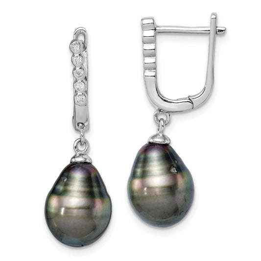 Sterling Silver Rhodium-Plated Polished 9-10mm Tahitian Pearl & Cz Dangle Earrings