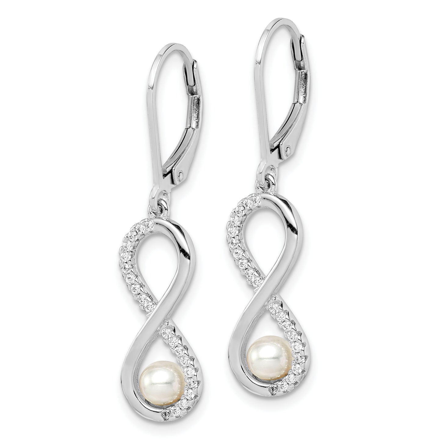 Sterling Silver Rhodium-Plated Polished White 4-5mm Freshwater Cultured Pearl & Cz Infinity Leverback Dangle Earrings