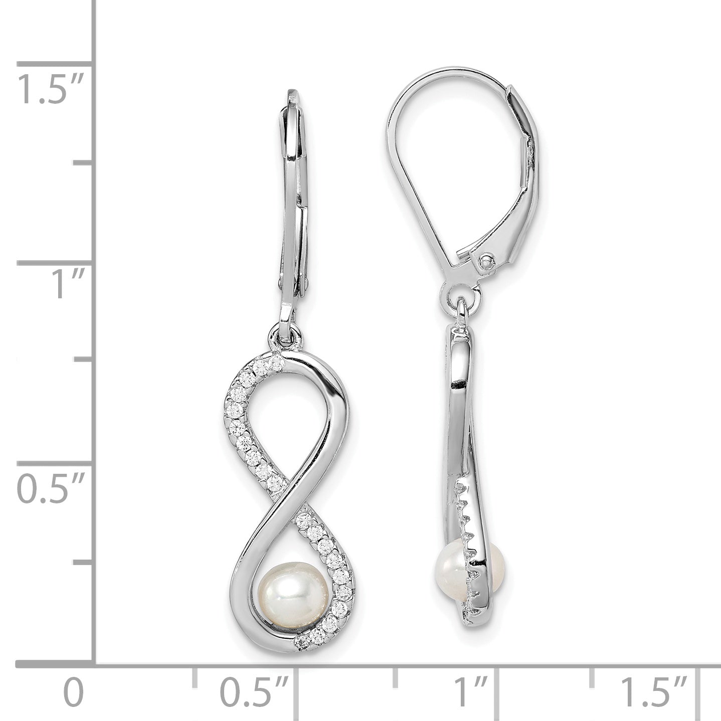 Sterling Silver Rhodium-Plated Polished White 4-5mm Freshwater Cultured Pearl & Cz Infinity Leverback Dangle Earrings