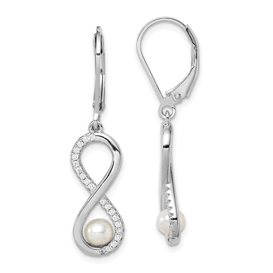 Sterling Silver Rhodium-Plated Polished White 4-5mm Freshwater Cultured Pearl & Cz Infinity Leverback Dangle Earrings