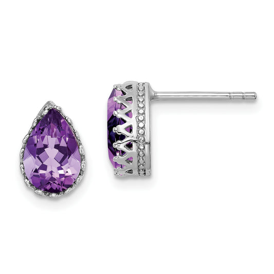 Sterling Silver Rhodium-Plated 10mm Polished Pear Amethyst Post Earrings