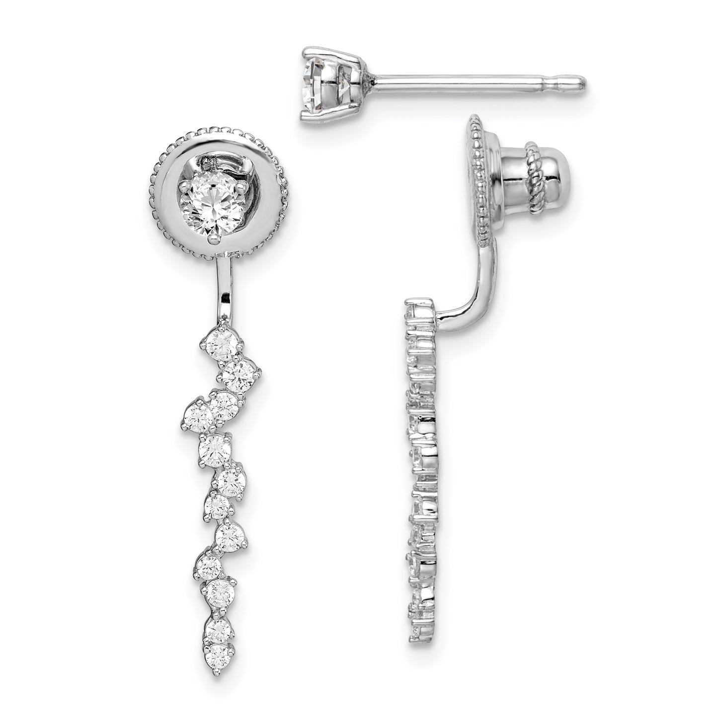 Sterling Silver Rhod-Plated Cz Front And Back Dangle Post Earrings