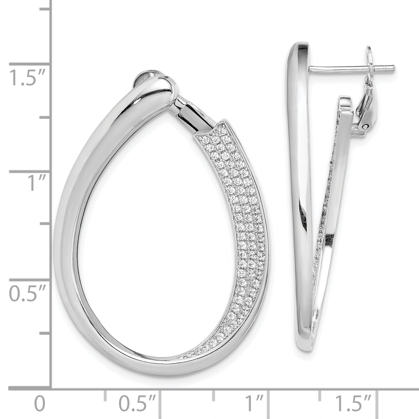 Sterling Silver Rh-Plated Cz Pave Front And Back Oval Hoop Earrings