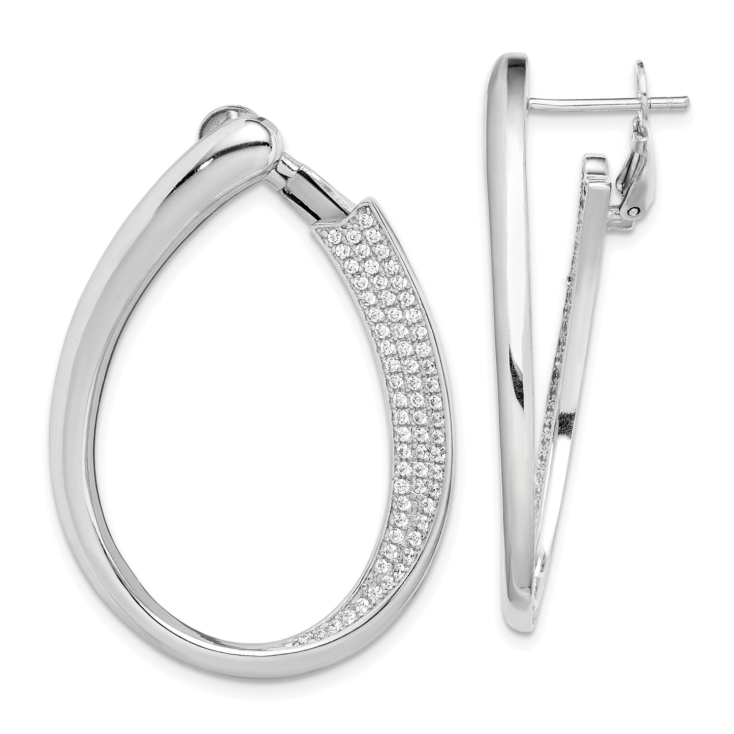 Sterling Silver Rh-Plated Cz Pave Front And Back Oval Hoop Earrings