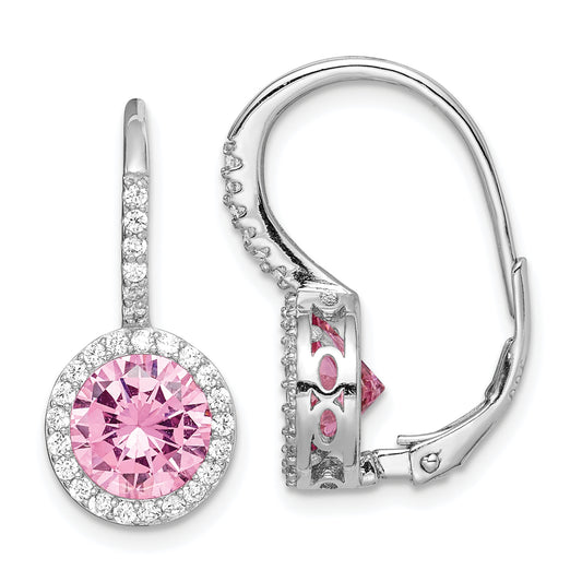 Sterling Silver Rh-Plated Polished Pink & White Cz Halo Leverback Earrings