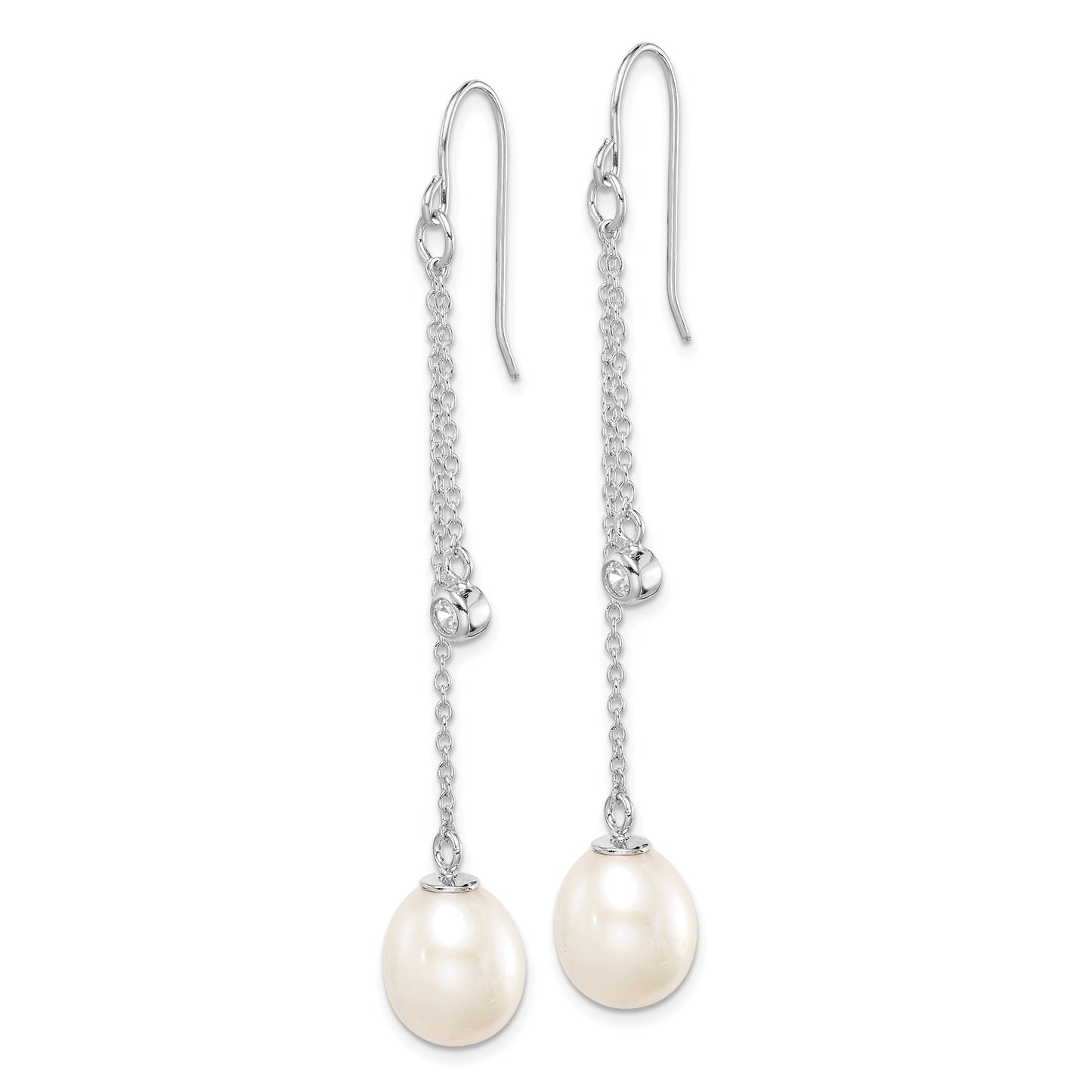 Sterling Silver Rhodium-Plated Polished White 9-10mm Freshwater Cultured Pearl & Cz Dangle Earrings