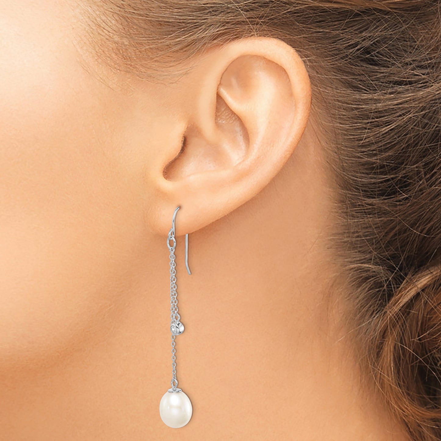 Sterling Silver Rhodium-Plated Polished White 9-10mm Freshwater Cultured Pearl & Cz Dangle Earrings