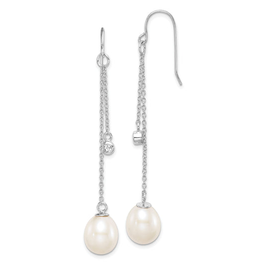 Sterling Silver Rhodium-Plated Polished White 9-10mm Freshwater Cultured Pearl & Cz Dangle Earrings