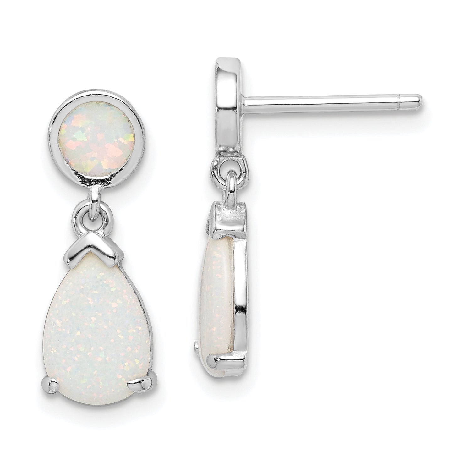 Sterling Silver Rhod-Plated Created Opal Teardrop Post Dangle Earrings