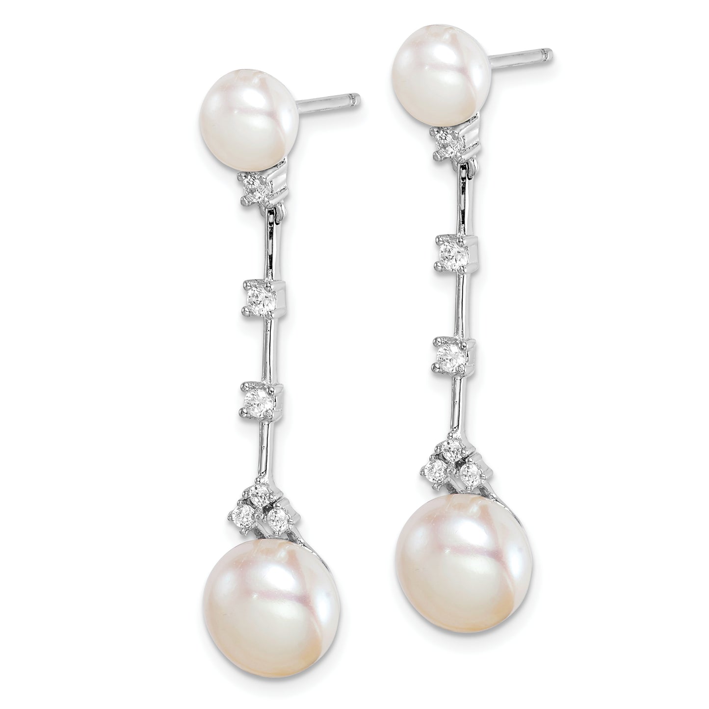 Sterling Silver Rhodium-Plated Cz Fwc Button Pearl Dangle Post Earrings