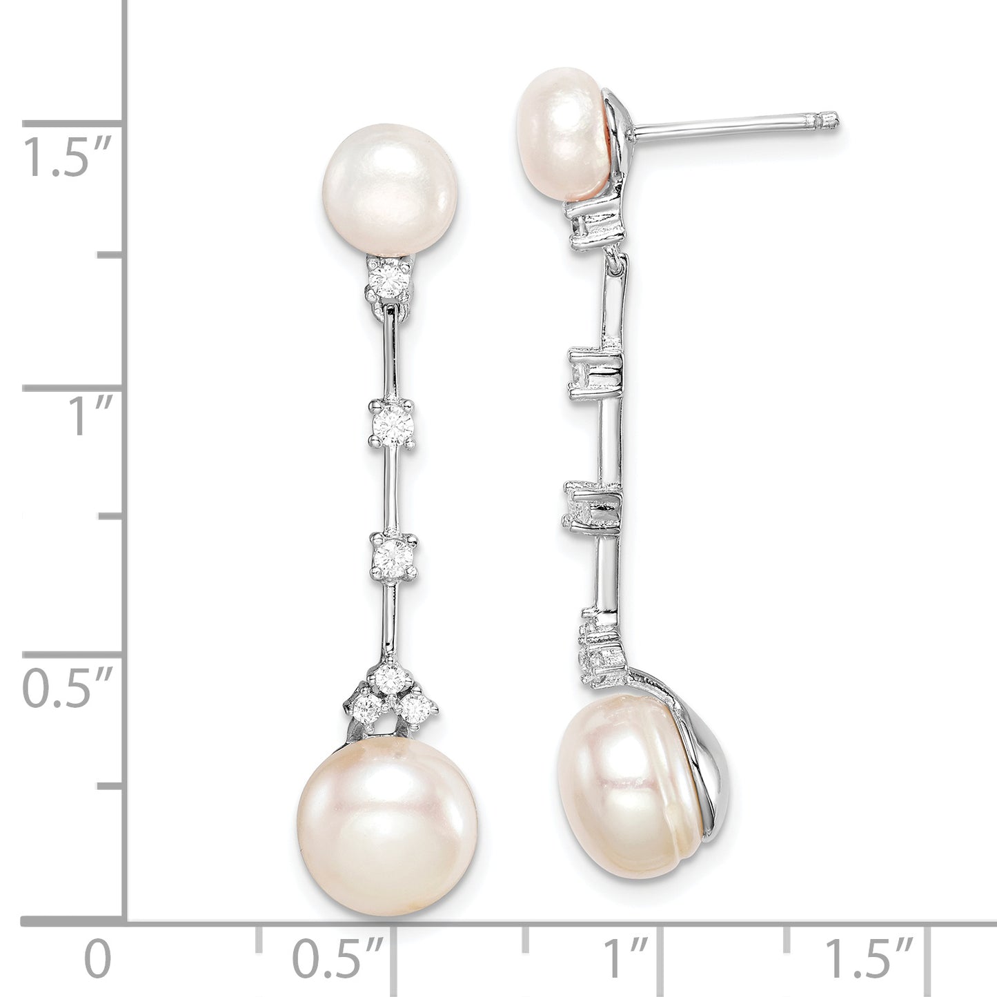 Sterling Silver Rhodium-Plated Cz Fwc Button Pearl Dangle Post Earrings