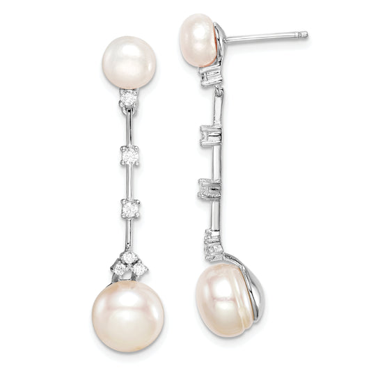 Sterling Silver Rhodium-Plated Cz Fwc Button Pearl Dangle Post Earrings