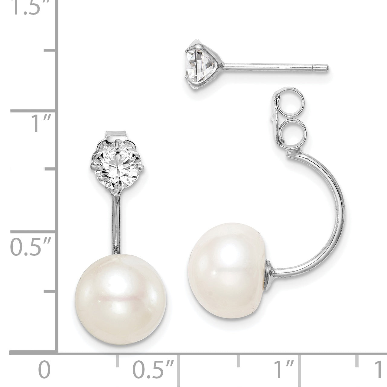 Sterling Silver Rhodium-Plated Polished White 9-10mm Freshwater Cultured Pearl & Cz Front Back Post Dangle Earrings