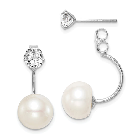 Sterling Silver Rhodium-Plated Polished White 9-10mm Freshwater Cultured Pearl & Cz Front Back Post Dangle Earrings