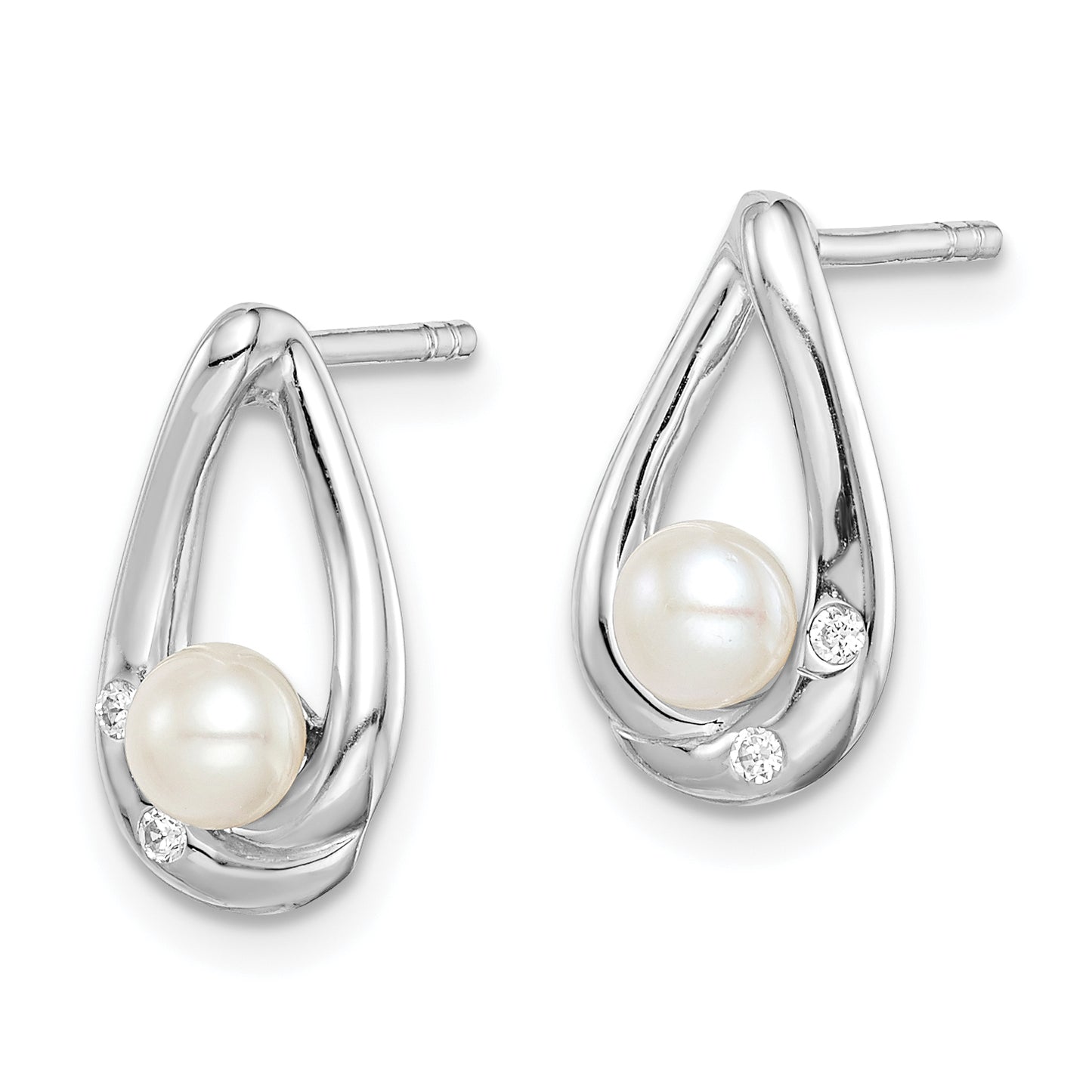 Sterling Silver Rhodium-Plated Cz 4-5mm Fwc Pearl Teardrop Post Earrings