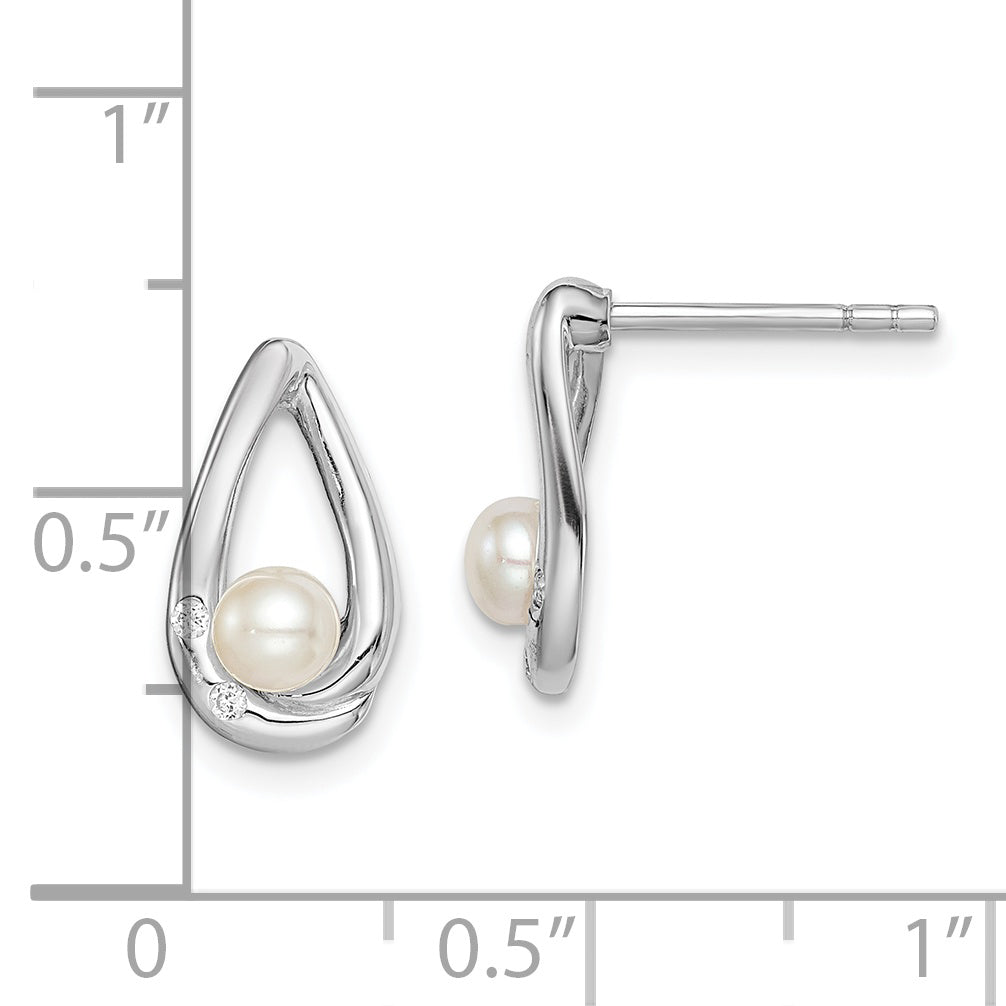 Sterling Silver Rhodium-Plated Cz 4-5mm Fwc Pearl Teardrop Post Earrings