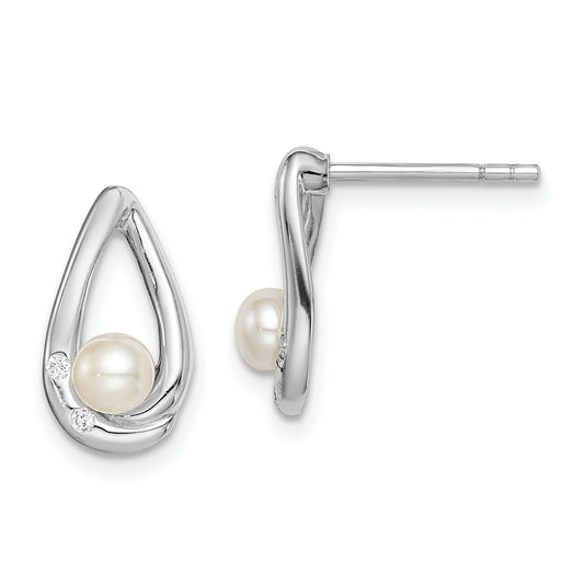 Sterling Silver Rhodium-Plated Cz 4-5mm Fwc Pearl Teardrop Post Earrings