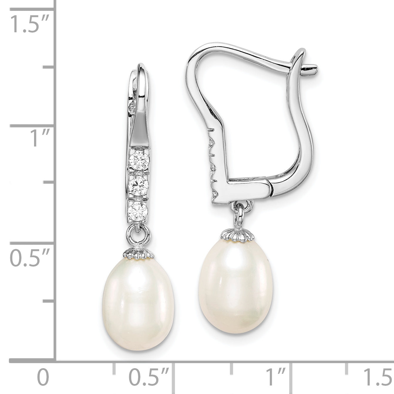 Sterling Silver Rhodium-Plated 7-8mm Rice Fwc Pearl Cz Dangle Earrings