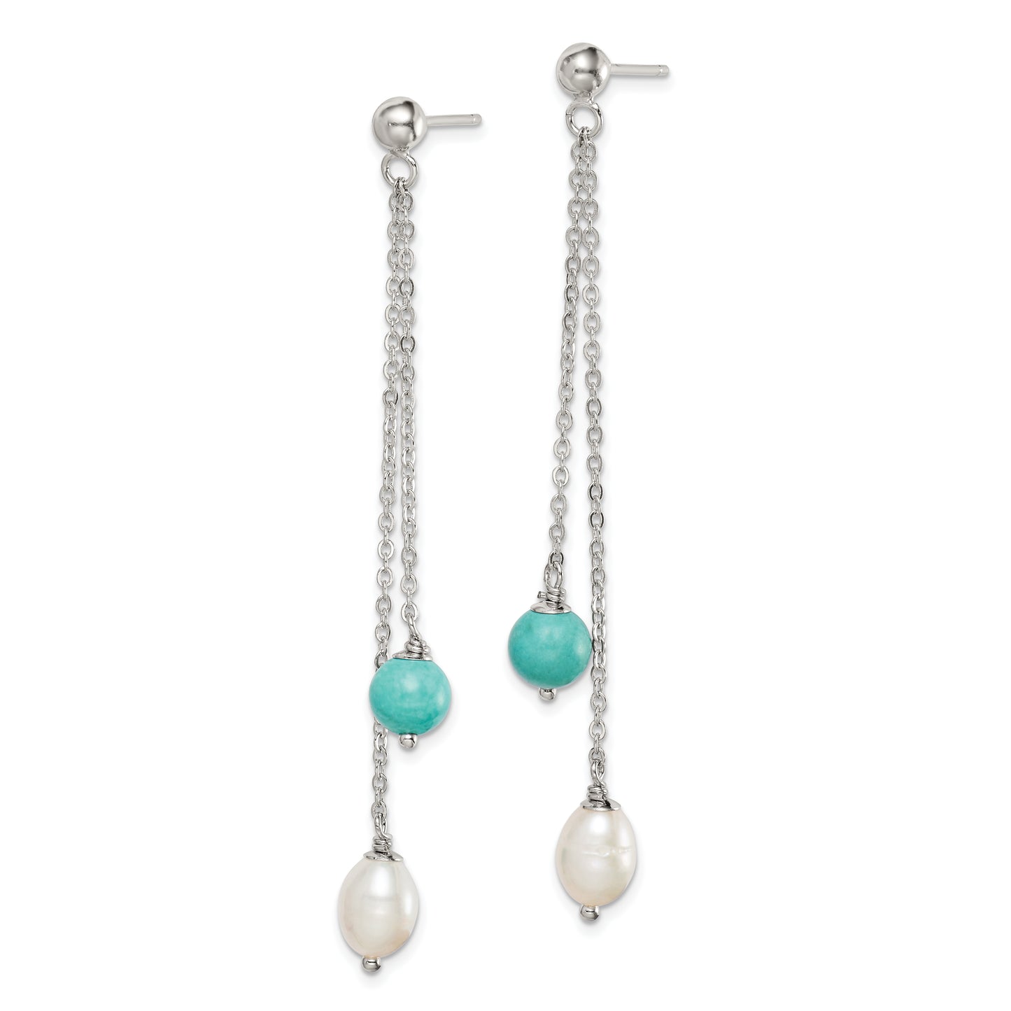 Sterling Silver Rhod-Pltd Turquoise/Fwc Pearl Chain Post Dangle Earrings