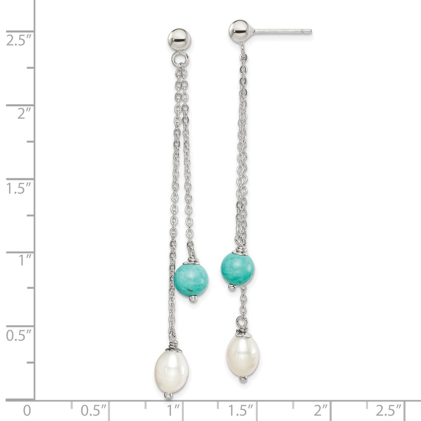 Sterling Silver Rhod-Pltd Turquoise/Fwc Pearl Chain Post Dangle Earrings