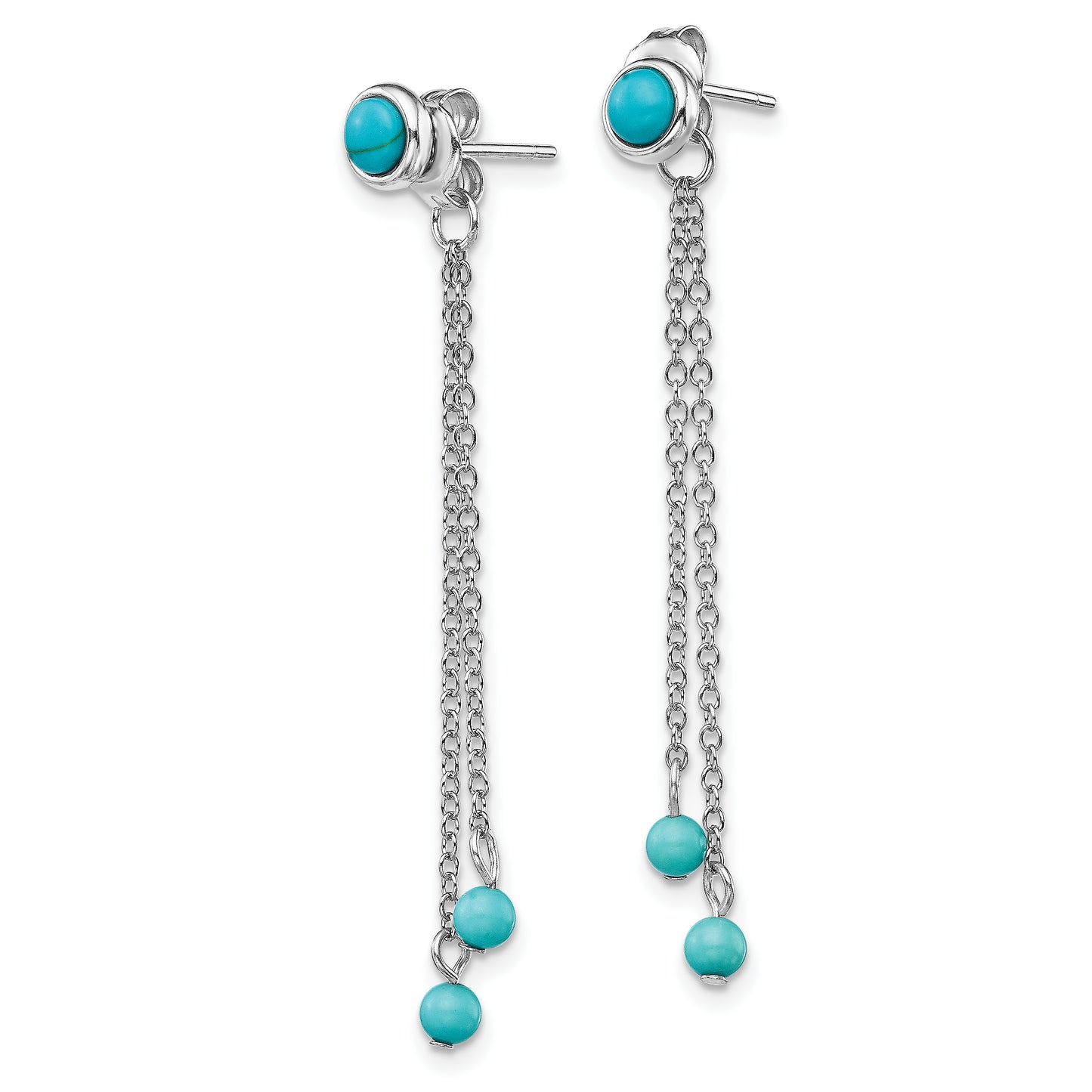 Sterling Silver Rhodium-Plated Polished Imitation Turquoise Front & Back Chain Post Dangle Earrings