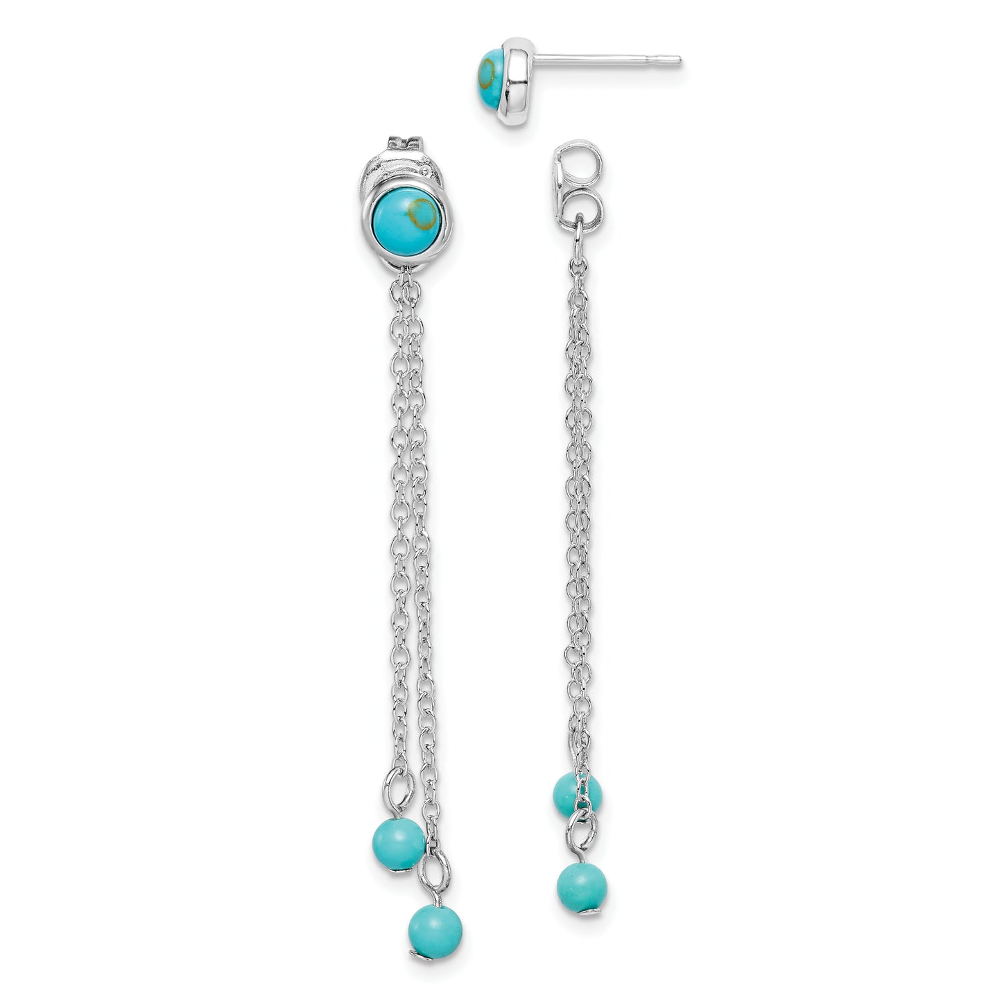 Sterling Silver Rhodium-Plated Polished Imitation Turquoise Front & Back Chain Post Dangle Earrings