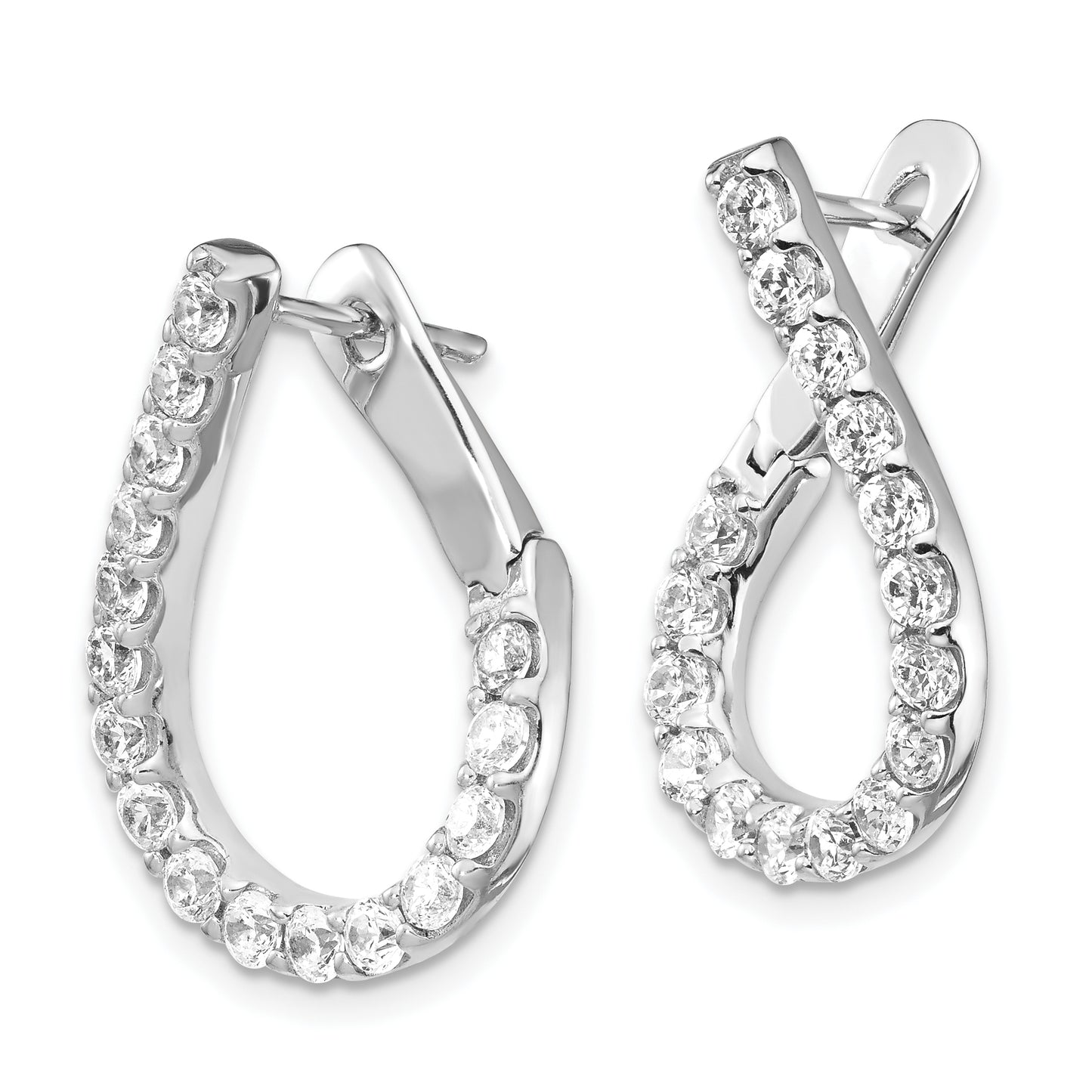 Sterling Silver Shimmer Rhodium-Plated 32 Stone Cz Front And Back Teardrop Hinged Hoop Earrings