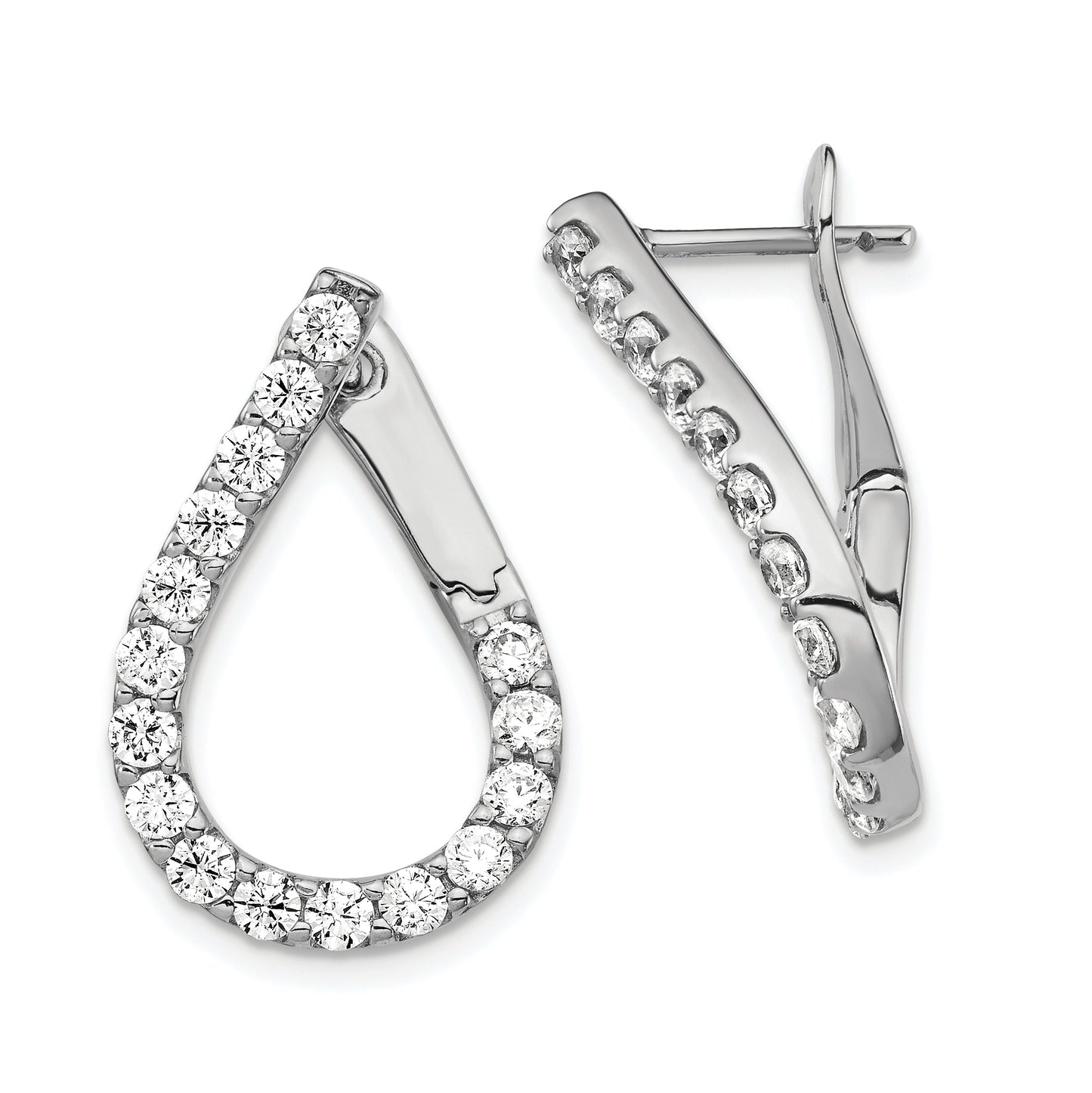 Sterling Silver Shimmer Rhodium-Plated 32 Stone Cz Front And Back Teardrop Hinged Hoop Earrings