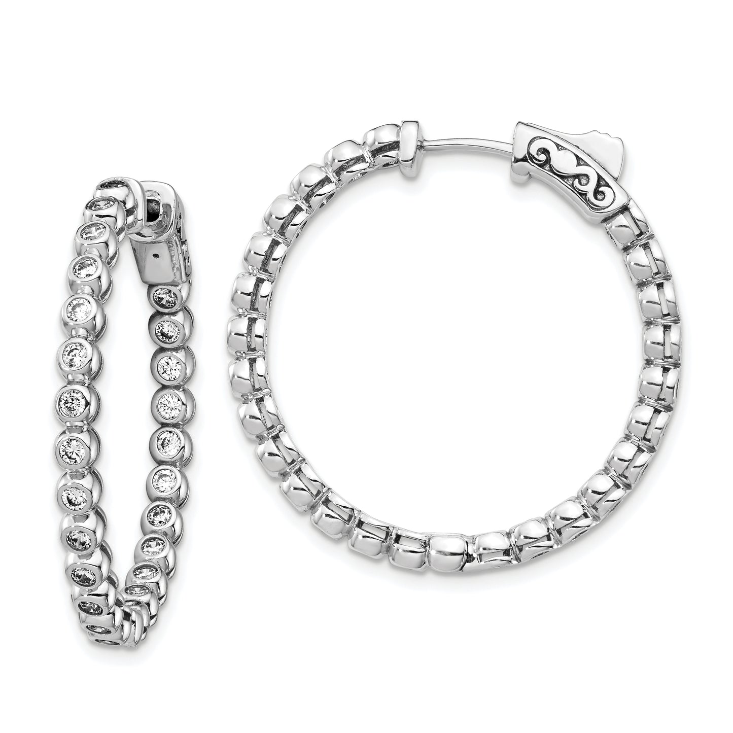 Sterling Silver Shimmer Rhodium-Plated 50 Stone 1.7mm Cz In And Out Round Hinged Hoop Earrings