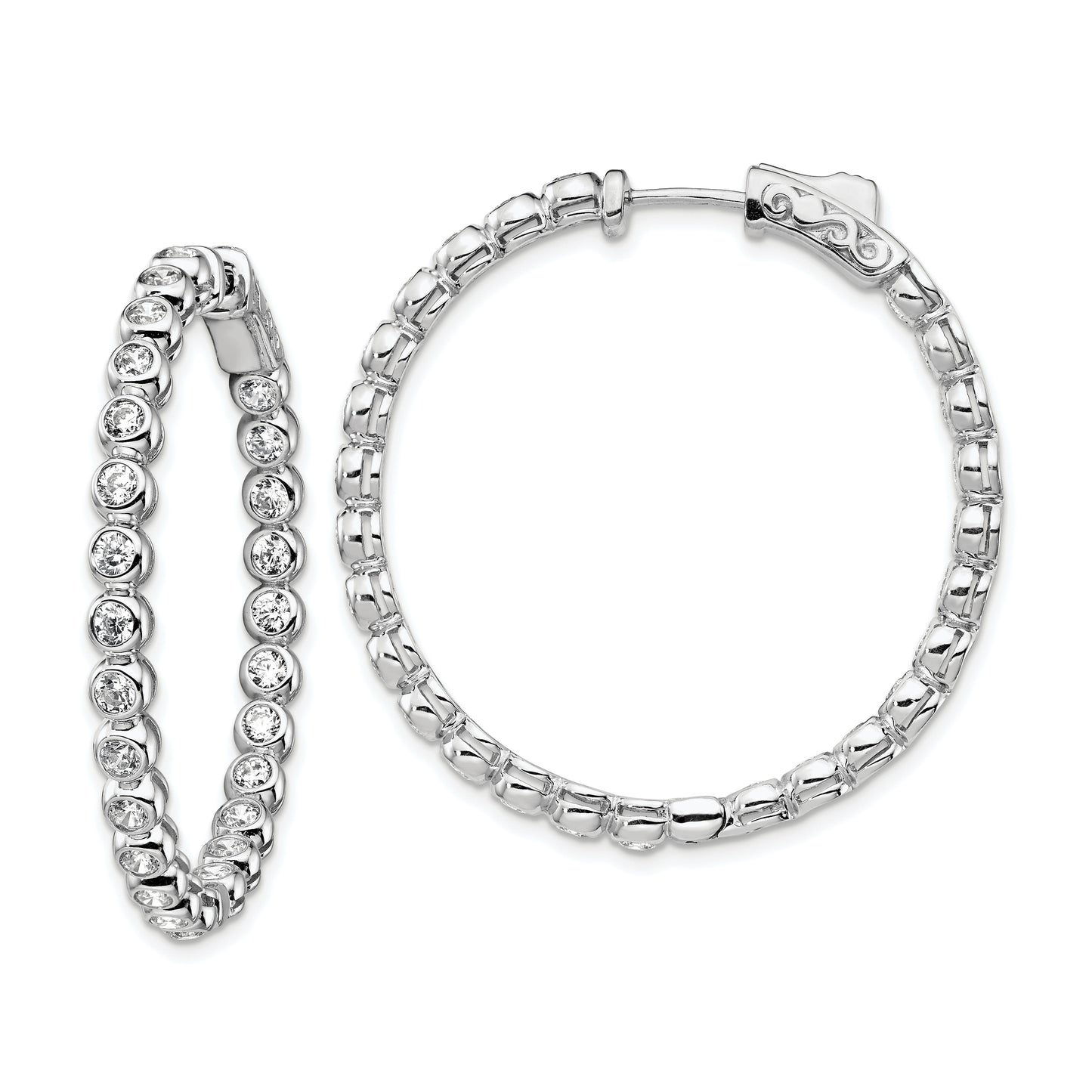 Sterling Silver Shimmer Rhodium-Plated 52 Stone 2.3mm Cz In And Out Round Hinged Hoop Earrings