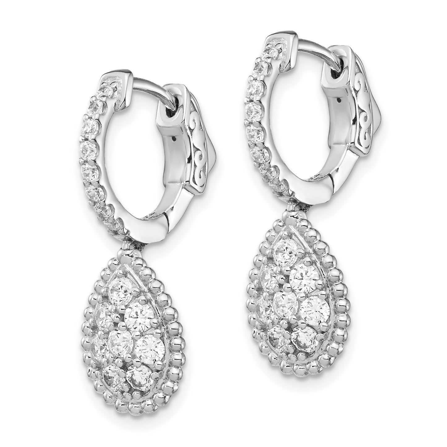 Sterling Silver Shimmer Rhodium-Plated 30 Stone Cz Teardrop Dangle Hinged Hoop Earrings