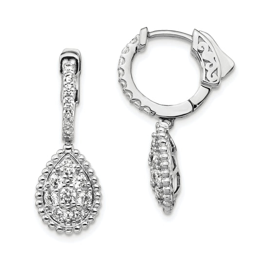 Sterling Silver Shimmer Rhodium-Plated 30 Stone Cz Teardrop Dangle Hinged Hoop Earrings