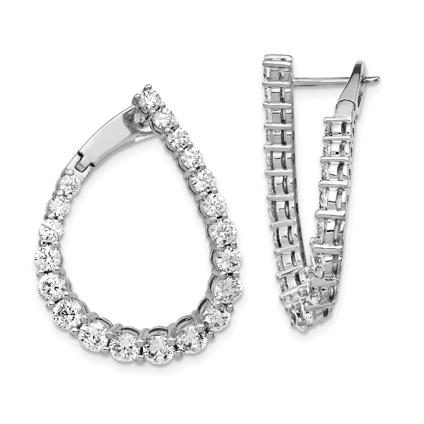 Sterling Silver Shimmer Rhodium-Plated 40 Stone Cz Front And Back Teardrop Hinged Hoop Earrings