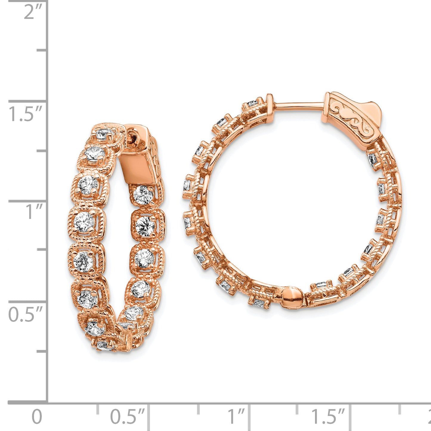 Sterling Silver Shimmer Rose-Tone Rose Flash Gold-Plated 28 Stone 2.5mm Cz In And Out Round Hinged Hoop Earrings