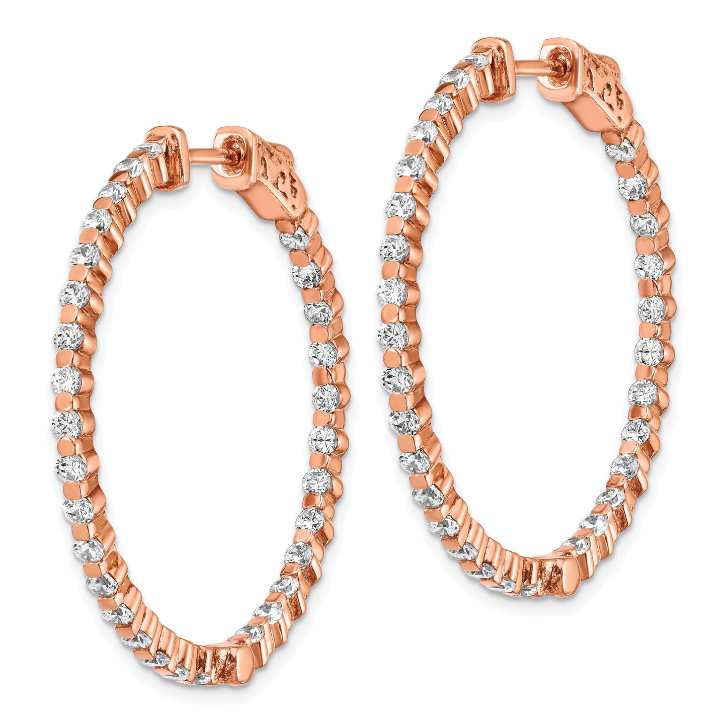 Sterling Silver Shimmer Rose-Tone Rose Flash Gold-Plated 60 Stone 2mm Cz In And Out Round Hinged Hoop Earrings