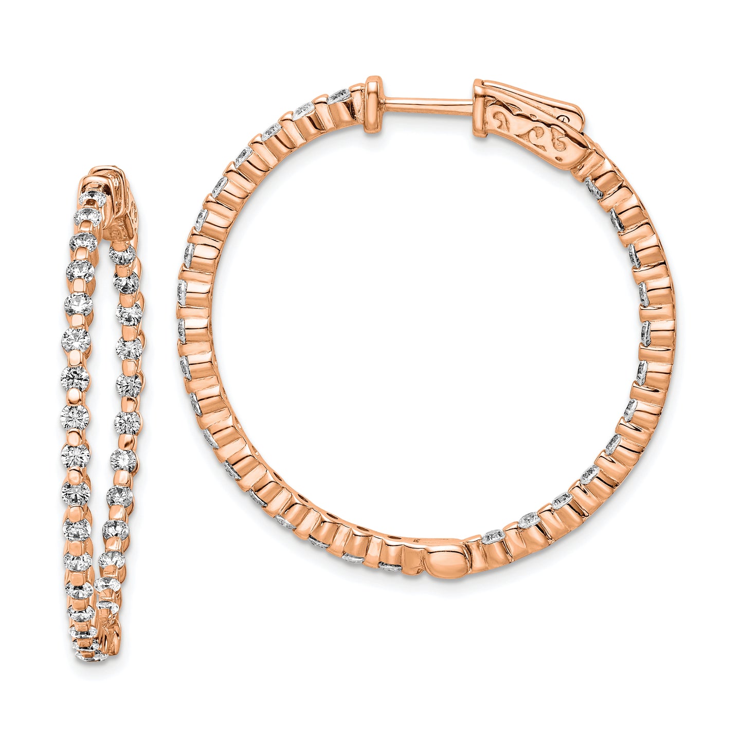 Sterling Silver Shimmer Rose-Tone Rose Flash Gold-Plated 60 Stone 2mm Cz In And Out Round Hinged Hoop Earrings