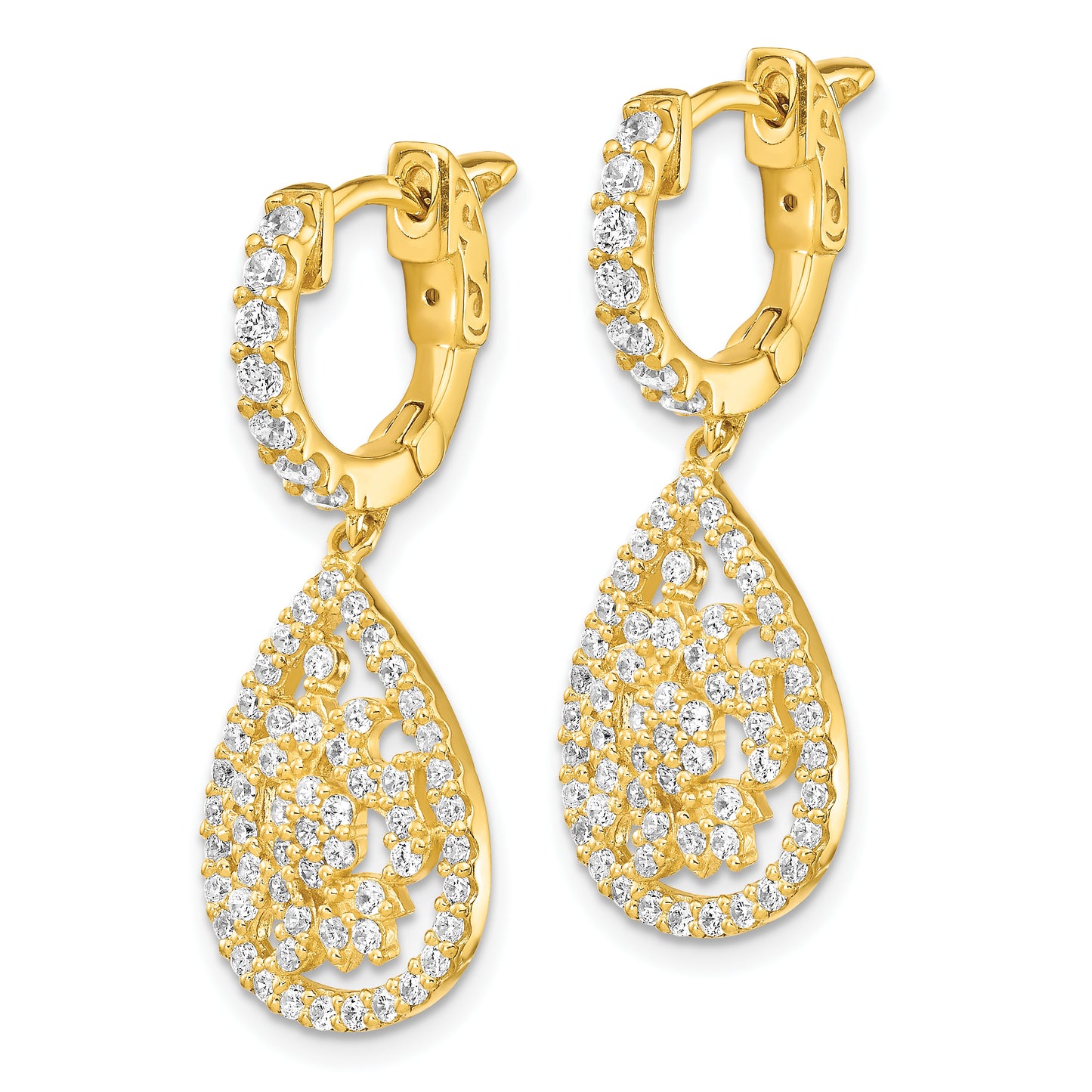 Sterling Silver Shimmer Gold-Tone Flash Gold-Plated 126 Stone Cz Teardrop Dangle Hinged Hoop Earrings