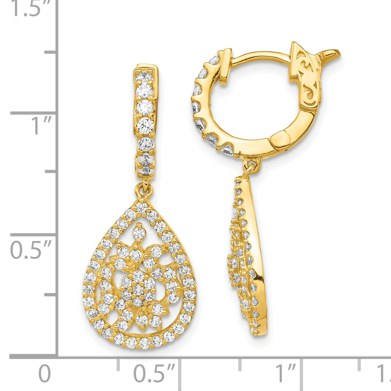 Sterling Silver Shimmer Gold-Tone Flash Gold-Plated 126 Stone Cz Teardrop Dangle Hinged Hoop Earrings