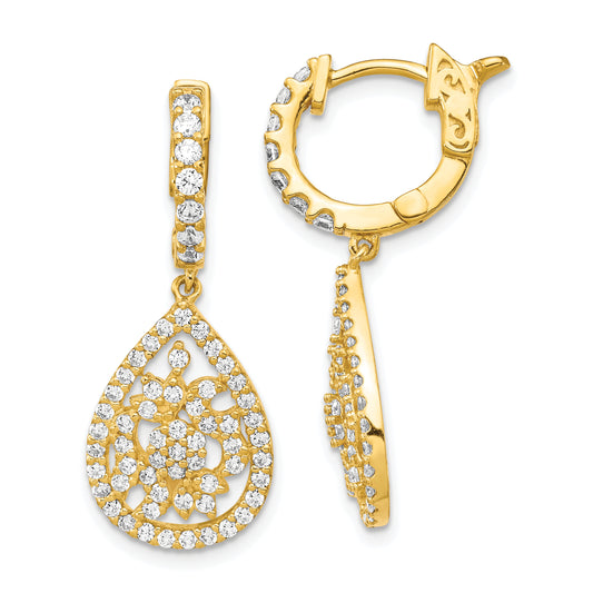 Sterling Silver Shimmer Gold-Tone Flash Gold-Plated 126 Stone Cz Teardrop Dangle Hinged Hoop Earrings