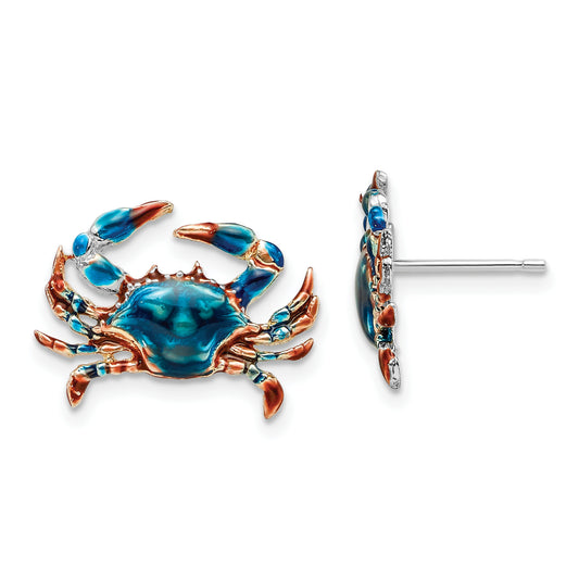 Sterling Silver De-Ani Rhodium-Plated Polished Enameled Blue Crab Post Earrings