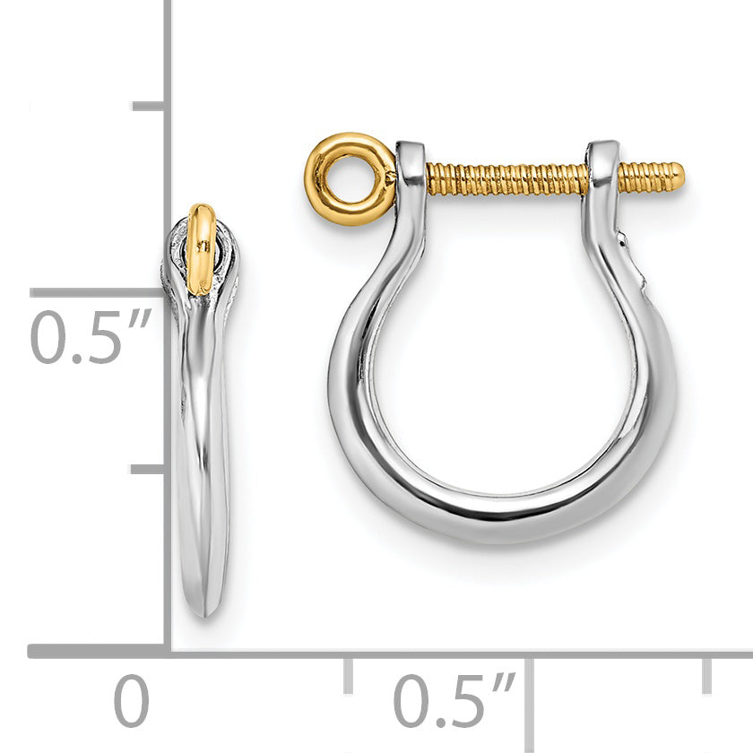 Silver/14K Two-Tone De-Ani Sterling Silver Rhodium-Plated Polished 3D Small Shackle With 14K Screw Earrings