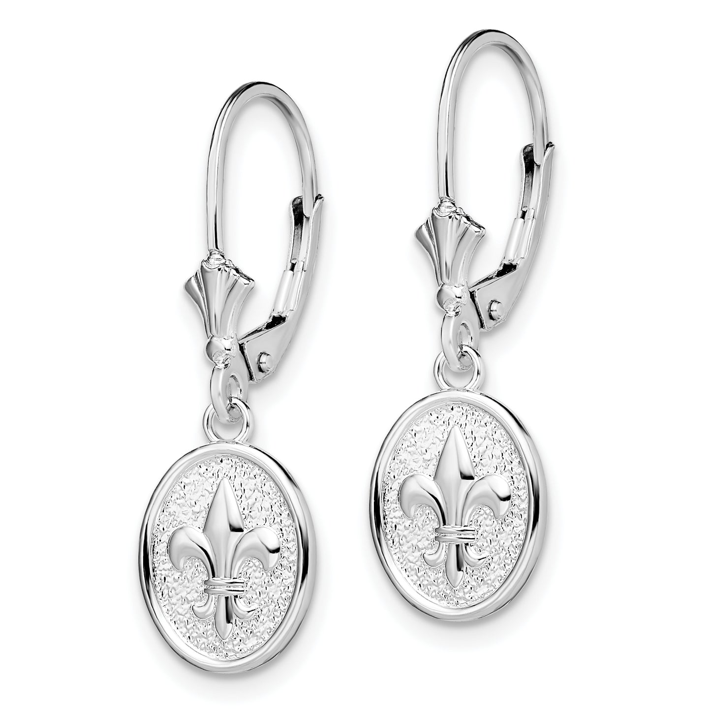 Sterling Silver De-Ani Rhodium-Plated Textured Fleur De Lis Leverback Dangle Earrings