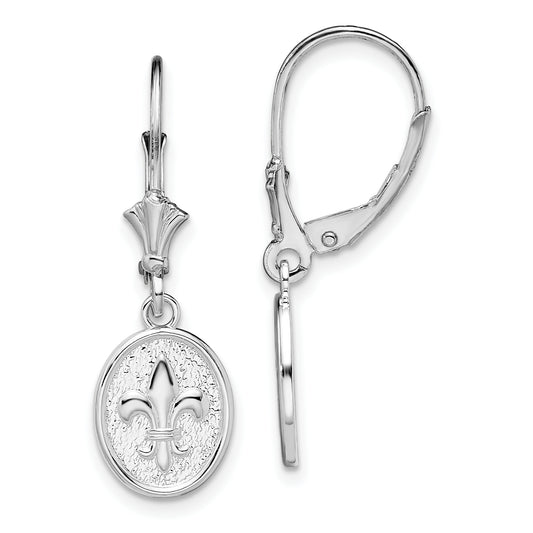 Sterling Silver De-Ani Rhodium-Plated Textured Fleur De Lis Leverback Dangle Earrings