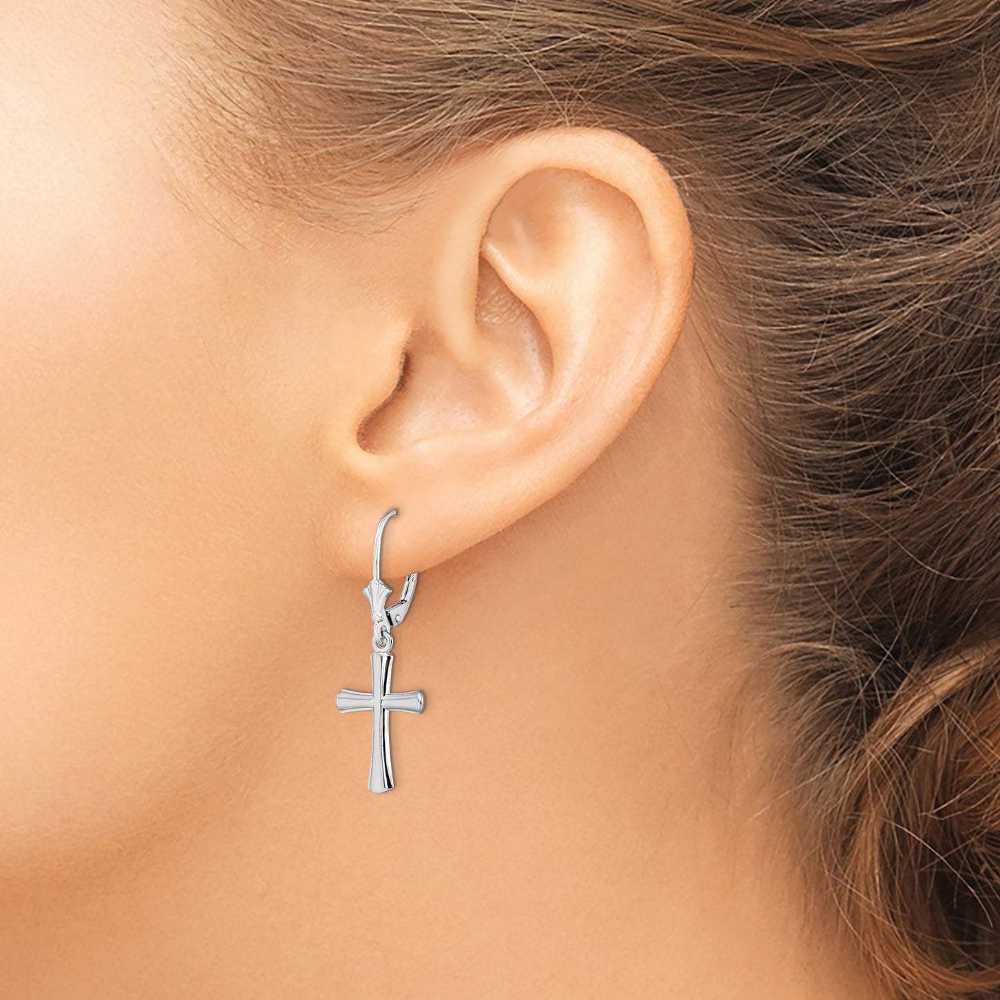 Sterling Silver De-Ani Rhodium-Plated Polished Beveled Latin Cross Leverback Earrings